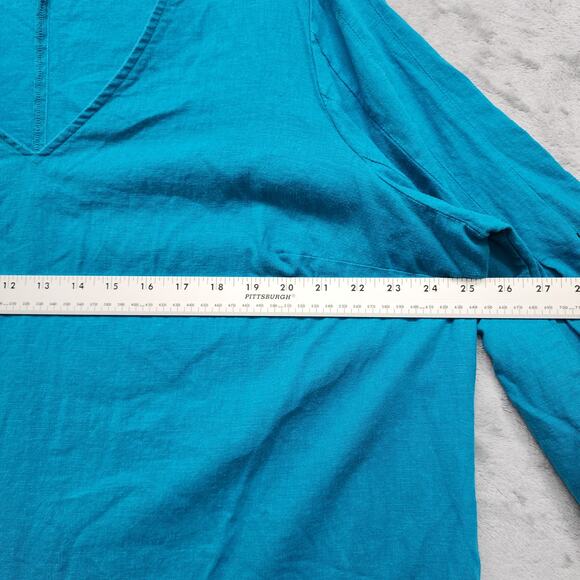 Market & Spruce Top Womens 2X Blue Linen Blend Ashlea Pleated Bell Sleeve V-Neck - Picture 9 of 11